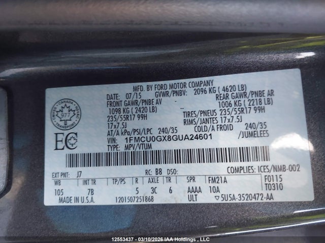 Продажа на аукционе авто 2016 Ford Escape, vin: 1FMCU0GX8GUA24601, номер лота: 12553437