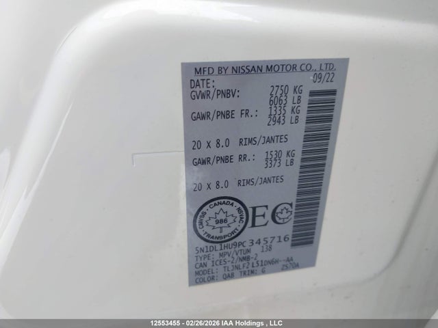 5N1DL1HU9PC345716 Infiniti Qx60 Autograph