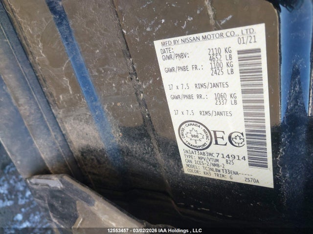 2021 Nissan Rogue S მანქანა იყიდება აუქციონზე, vin: 5N1AT3AB3MC714914, აუქციონის ნომერი: 12553457