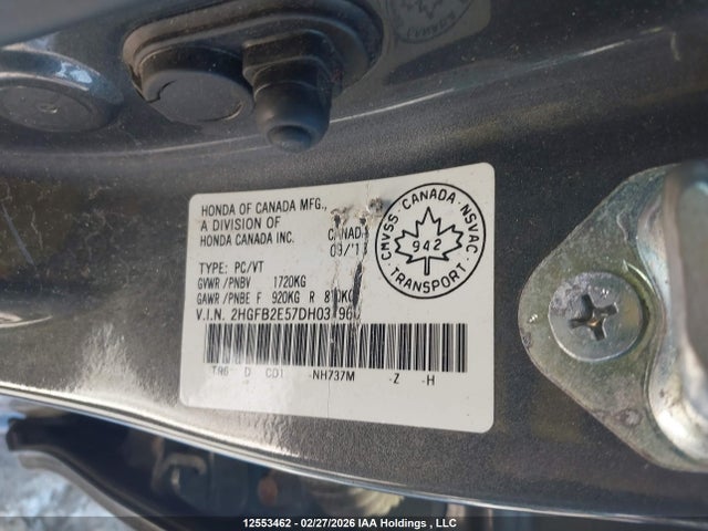 12553462 :رقم المزاد ، 2HGFB2E57DH037960 vin ، 2013 Honda Civic Lx مزاد بيع