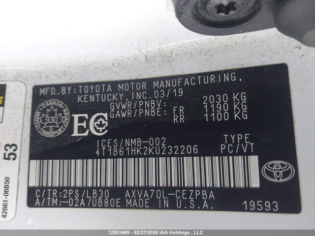4T1B61HK2KU232206 Toyota CAMRY XSE