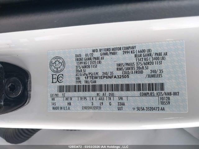 12553472 :رقم المزاد ، 1FTEW1EP6NFA32505 vin ، 2022 Ford F-150 Lariat مزاد بيع