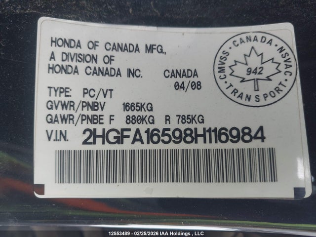 Продаж на аукціоні авто 2008 Honda Civic Lx, vin: 2HGFA16598H116984, номер лоту: 12553489