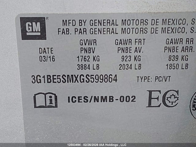 3G1BE5SMXGS599864 Chevrolet Cruze Lt Auto