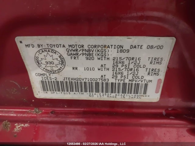 2001 Toyota Rav4 მანქანა იყიდება აუქციონზე, vin: JTEHH20V710027583, აუქციონის ნომერი: 12553498