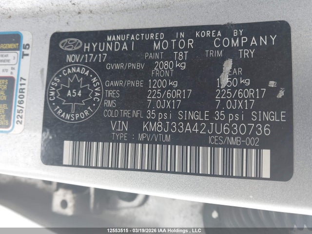 KM8J33A42JU630736 Hyundai Tucson Premium 2.0l