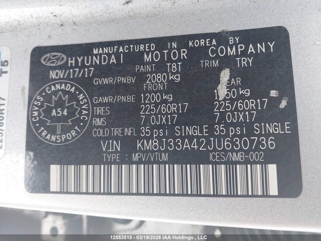 KM8J33A42JU630736 Hyundai Tucson Premium 2.0l