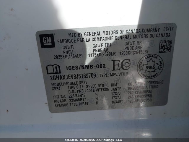 Продаж на аукціоні авто 2018 Chevrolet Equinox Lt, vin: 2GNAXJEV8J6169709, номер лоту: 12553516