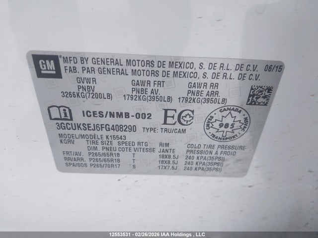 12553531 :رقم المزاد ، 3GCUKSEJ6FG408290 vin ، 2015 Chevrolet Silverado K1500 Ltz مزاد بيع