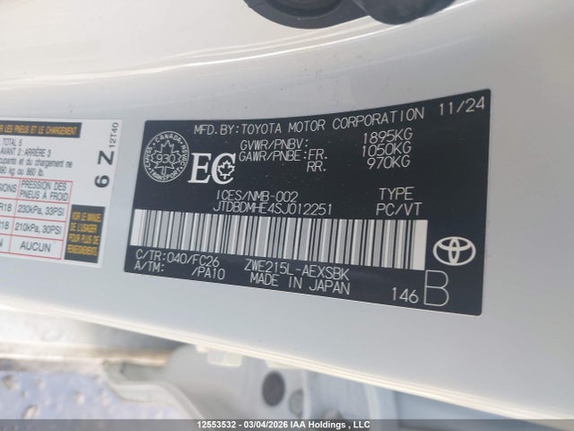 Продажа на аукционе авто 2025 Toyota Corolla Le/se, vin: JTDBDMHE4SJ012251, номер лота: 12553532