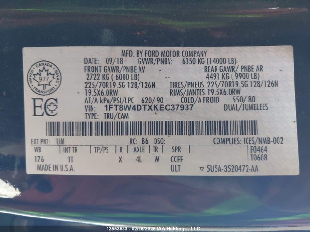 Aukcja sprzedaży 2019 Ford F450 Super Duty, vin: 1FT8W4DTXKEC37937, numer aukcji: 12553533
