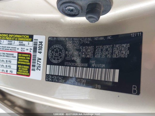 Aukcja sprzedaży 2012 Toyota Sienna, vin: 5TDZK3DC8CS208006, numer aukcji: 12553538