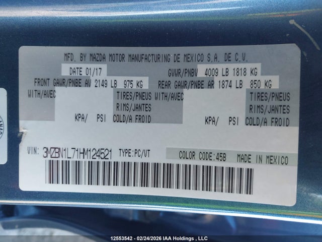 Aukcja sprzedaży 2017 Mazda Mazda3 Gs, vin: 3MZBN1L71HM124521, numer aukcji: 12553542