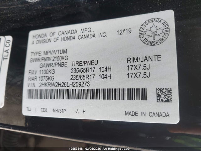 2HKRW2H26LH209273 Honda CR-V LX