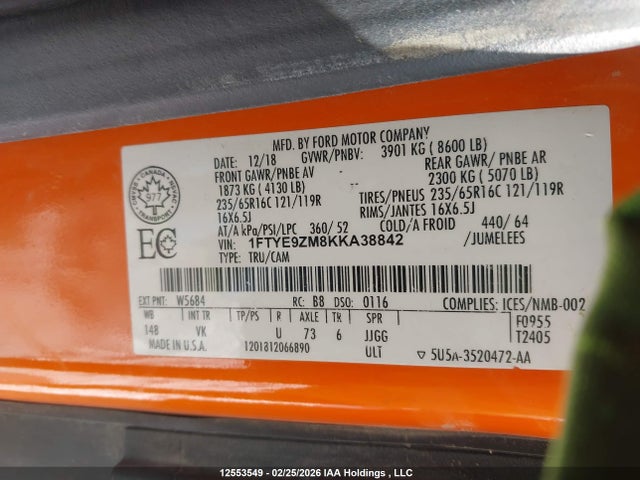 1FTYE9ZM8KKA38842 Ford Transit T-150
