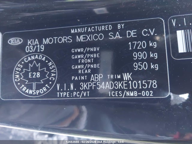 12553555 :رقم المزاد ، 3KPF54AD3KE101578 vin ، 2019 Kia Forte Ex مزاد بيع