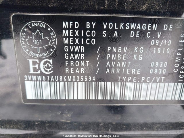 Aukcja sprzedaży 2019 Volkswagen Golf S/se, vin: 3VWW57AU8KM035694, numer aukcji: 12553560
