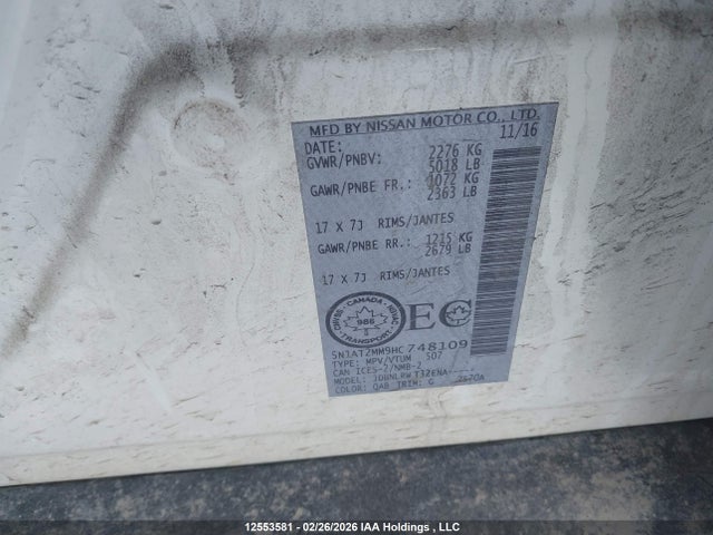 5N1AT2MM9HC748109 Nissan Rogue S/sl Platinum/sv