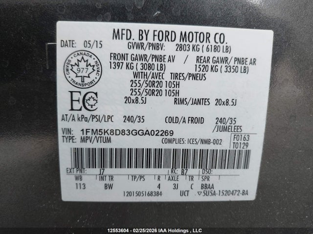 12553604 :رقم المزاد ، 1FM5K8D83GGA02269 vin ، 2016 Ford Explorer Xlt مزاد بيع