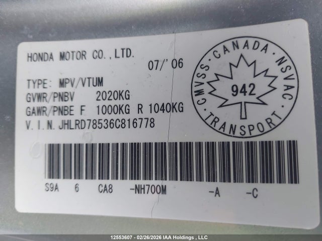 Продаж на аукціоні авто 2006 Honda Cr-v Lx, vin: JHLRD78536C816778, номер лоту: 12553607