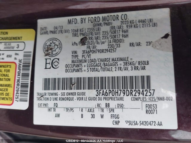 12553612 :رقم المزاد ، 3FA6P0H79DR294257 vin ، 2013 Ford Fusion Se مزاد بيع