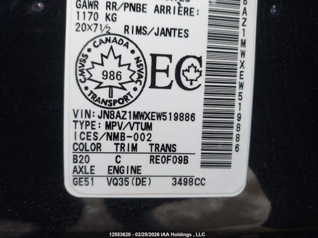 JN8AZ1MWXEW519886 Nissan Murano Platinum/s/sl/sv