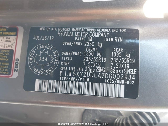 2013 Hyundai Santa Fe Sport მანქანა იყიდება აუქციონზე, vin: 5XYZUDLA7DG002934, აუქციონის ნომერი: 12553624
