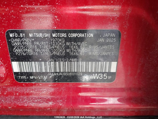 Aukcja sprzedaży 2025 Mitsubishi Rvr Es, vin: JA4AHUAU9SU601029, numer aukcji: 12553628