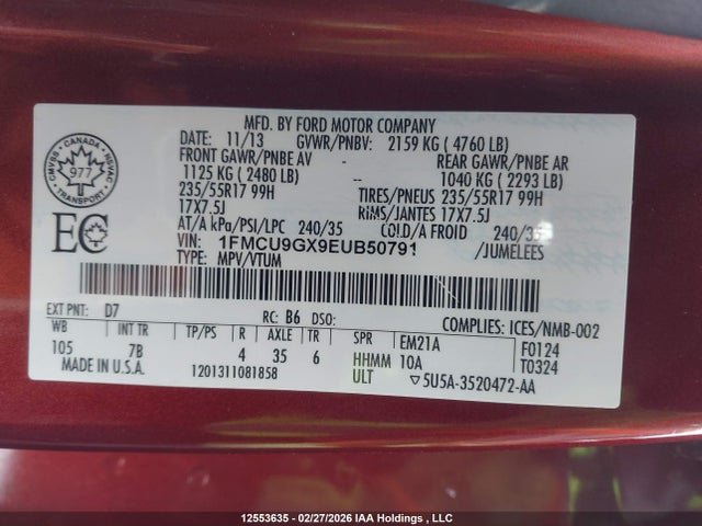 12553635 :رقم المزاد ، 1FMCU9GX9EUB50791 vin ، 2014 Ford Escape Se مزاد بيع