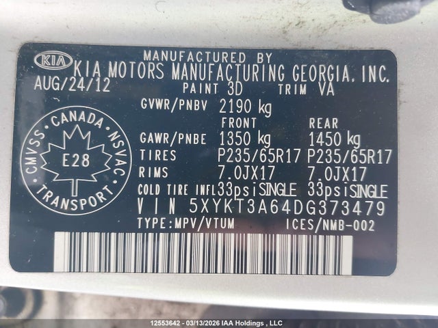 12553642 :رقم المزاد ، 5XYKT3A64DG373479 vin ، 2013 Kia Sorento Lx مزاد بيع