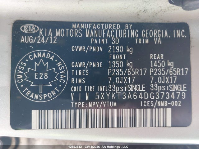 12553642 :رقم المزاد ، 5XYKT3A64DG373479 vin ، 2013 Kia Sorento Lx مزاد بيع