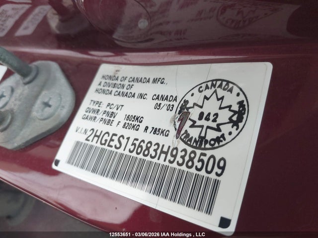 Продаж на аукціоні авто 2003 Honda Civic Lx, vin: 2HGES15683H938509, номер лоту: 12553651