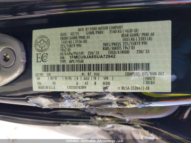 12553653 :رقم المزاد ، 1FMCU9JA8SUA72942 vin ، 2025 Ford Escape Platinum مزاد بيع