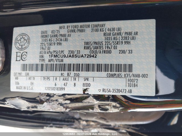 12553653 :رقم المزاد ، 1FMCU9JA8SUA72942 vin ، 2025 Ford Escape Platinum مزاد بيع