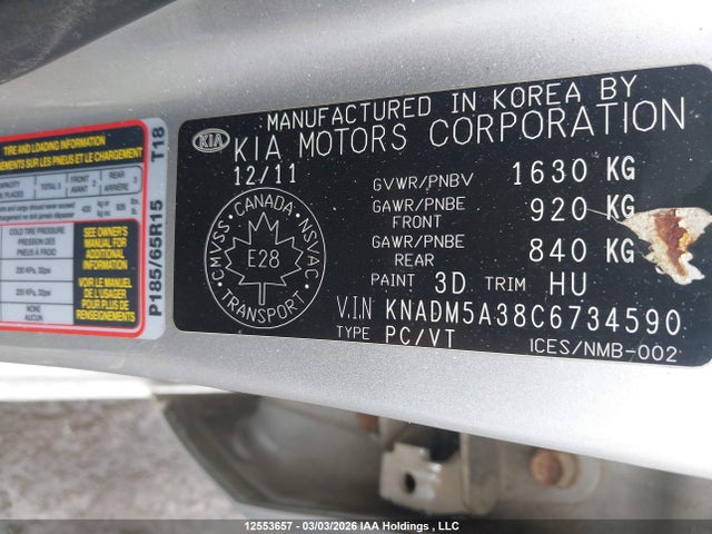 12553657 :رقم المزاد ، KNADM5A38C6734590 vin ، 2012 Kia Rio Lx مزاد بيع