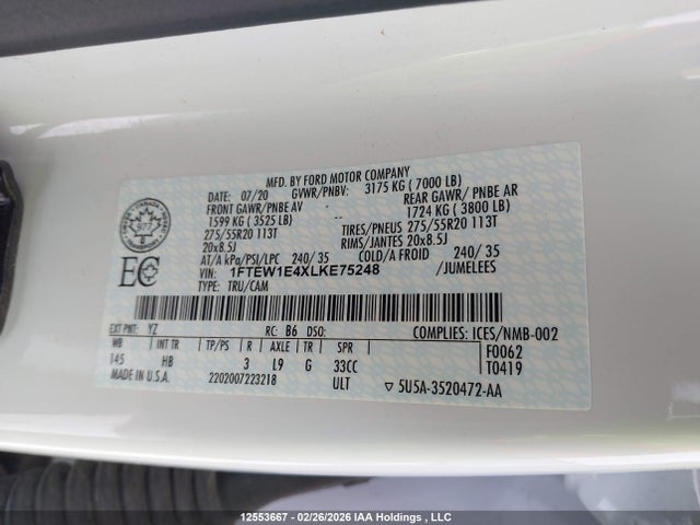 12553667 :رقم المزاد ، 1FTEW1E4XLKE75248 vin ، 2020 Ford F150 Supercrew مزاد بيع