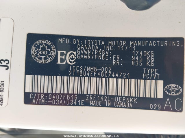 2011 Toyota Corolla Le მანქანა იყიდება აუქციონზე, vin: 2T1BU4EE4BC744721, აუქციონის ნომერი: 12553678