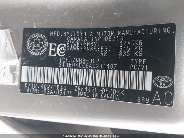 12553703 :رقم المزاد ، 2T1BU4EE9AC231107 vin ، 2010 Toyota Corolla Ce مزاد بيع