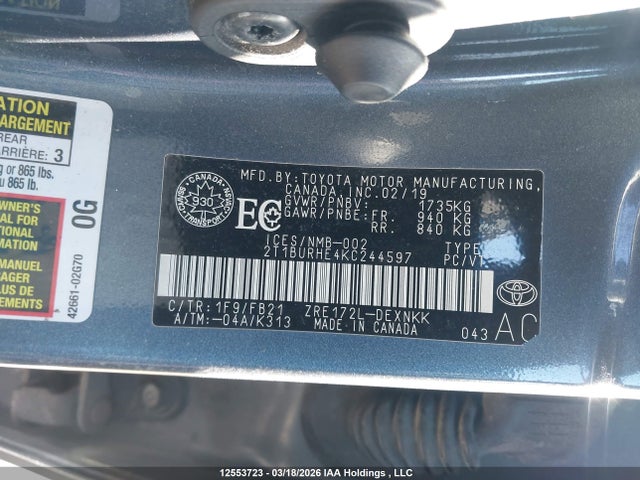 2019 Toyota Corolla მანქანა იყიდება აუქციონზე, vin: 2T1BURHE4KC244597, აუქციონის ნომერი: 12553723