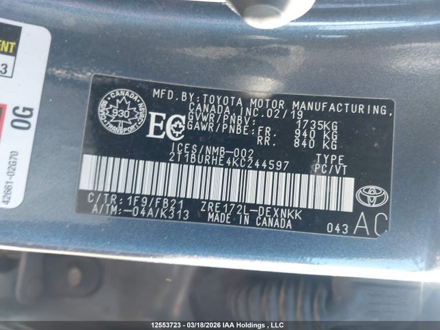 2019 Toyota Corolla მანქანა იყიდება აუქციონზე, vin: 2T1BURHE4KC244597, აუქციონის ნომერი: 12553723