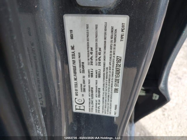 Aukcja sprzedaży 2019 Tesla Model 3 Long Range/mid Range/standard Range/standard Range Plus, vin: 5YJ3E1EA0KF321627, numer aukcji: 12553735