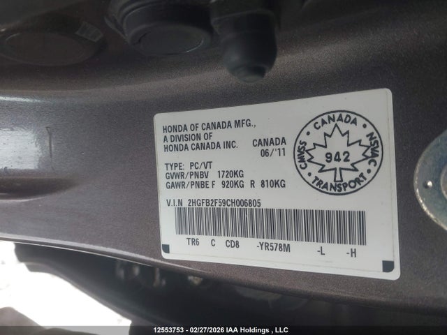 Aukcja sprzedaży 2012 Honda Civic, vin: 2HGFB2F59CH006805, numer aukcji: 12553753