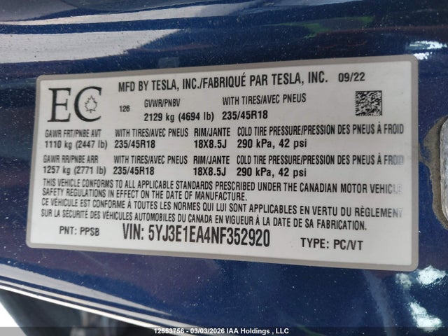 Aukcja sprzedaży 2022 Tesla Model 3 Rwd/standard Range, vin: 5YJ3E1EA4NF352920, numer aukcji: 12553756