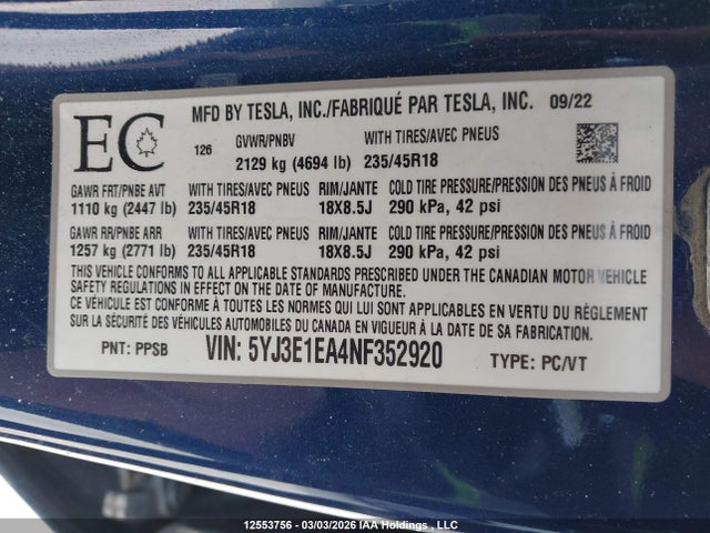 Aukcja sprzedaży 2022 Tesla Model 3 Rwd/standard Range, vin: 5YJ3E1EA4NF352920, numer aukcji: 12553756
