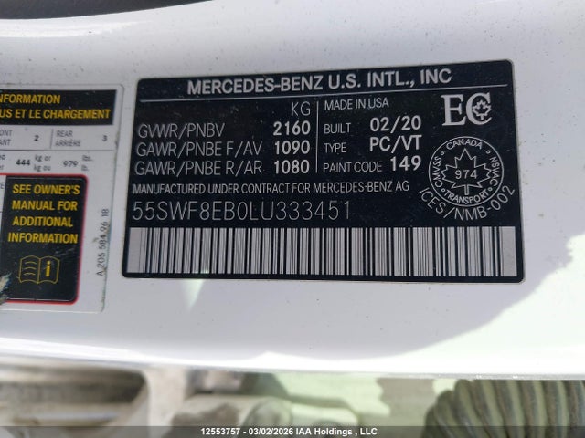 Продажа на аукционе авто 2020 Mercedes-benz C 300 4matic, vin: 55SWF8EB0LU333451, номер лота: 12553757