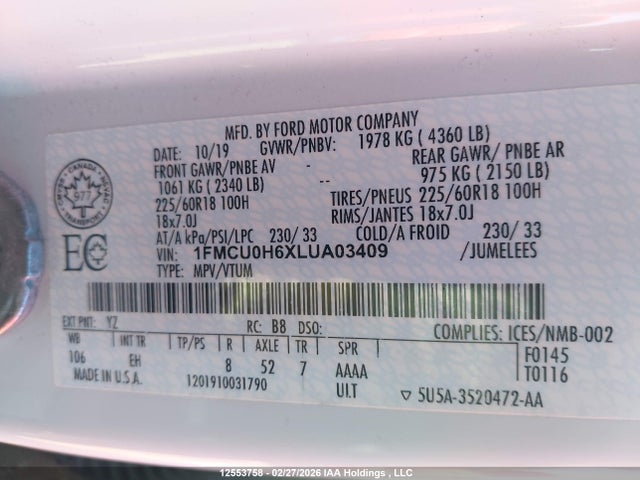 Aukcja sprzedaży 2020 Ford Escape Sel, vin: 1FMCU0H6XLUA03409, numer aukcji: 12553758
