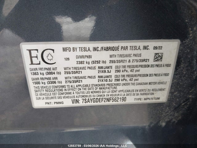Aukcja sprzedaży 2022 Tesla Model Y, vin: 7SAYGDEF2NF562190, numer aukcji: 12553759