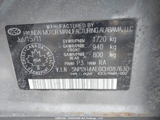 12553769 :رقم المزاد ، 5NPDH4AE0CH087630 vin ، 2012 Hyundai Elantra Gl مزاد بيع