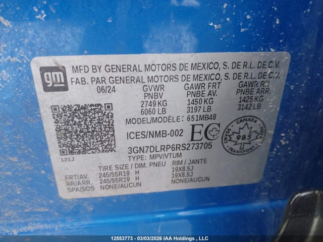 2024 Chevrolet Equinox Ev Lt მანქანა იყიდება აუქციონზე, vin: 3GN7DLRP6RS273705, აუქციონის ნომერი: 12553773