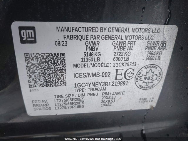 2024 Chevrolet Silverado 2500hd მანქანა იყიდება აუქციონზე, vin: 1GC4YNEY3RF219891, აუქციონის ნომერი: 12553780